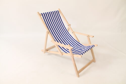 Luxe houten strandstoel inklapbaar blauwwitte loper